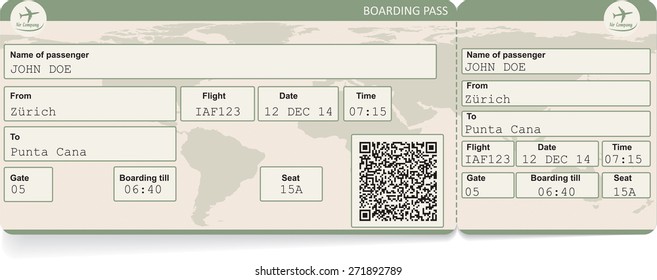 Vector image of airline boarding pass ticket with QR2 code. Isolated on white. Vector illustration