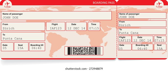 Vector image of airline boarding pass ticket with QR2 code. Isolated on white. Vector illustration