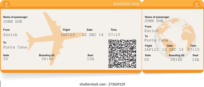 Vector image of airline boarding pass ticket with QR2 code. Isolated on white. Vector illustration