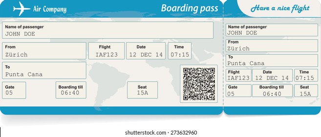 Vector image of airline boarding pass ticket with QR2 code. Isolated on white. Vector illustration