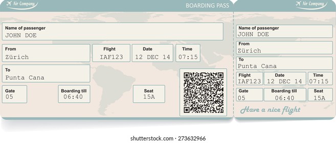 Vector image of airline boarding pass ticket with QR2 code. Isolated on white. Vector illustration