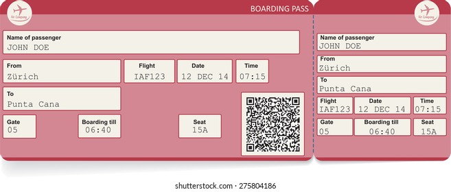 Vector image of airline boarding pass ticket with QR2 code. Isolated on white. Vector illustration