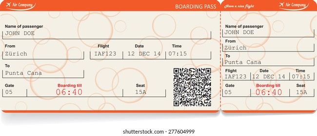 Vector image of airline boarding pass ticket with QR2 code. Isolated on white. Vector illustration