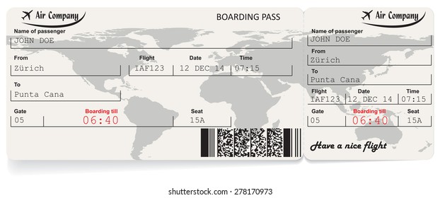 Vector image of airline boarding pass ticket with QR2 code. Isolated on white. Vector illustration