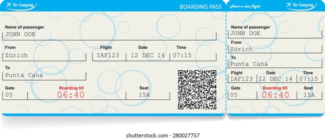 Vector image of airline boarding pass ticket with QR2 code. Isolated on white. Vector illustration