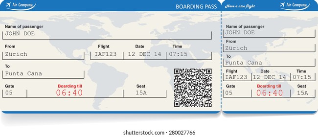 Vector image of airline boarding pass ticket with QR2 code. Isolated on white. Vector illustration