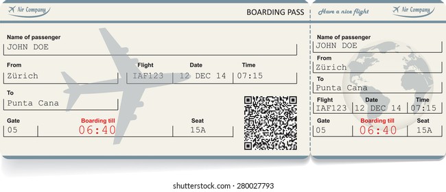Vector image of airline boarding pass ticket with QR2 code. Isolated on white. Vector illustration