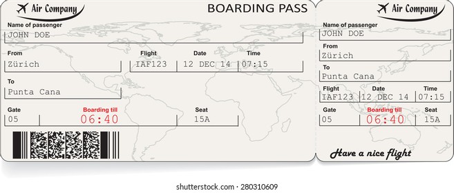 Vector image of airline boarding pass ticket with QR2 code. Isolated on white. Vector illustration
