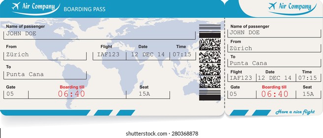 Vector image of airline boarding pass ticket with QR2 code. Isolated on white. Vector illustration