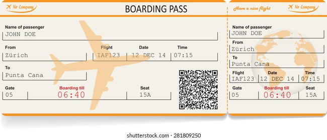 Vector image of airline boarding pass ticket with QR2 code. Isolated on white. Vector illustration