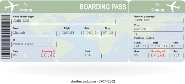 Vector image of airline boarding pass ticket with QR2 code. Isolated on white. Vector illustration