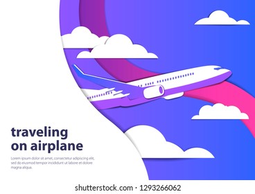 vector image of an airplane flying in the sky, in the clouds, the effect of cut paper, travel by plane