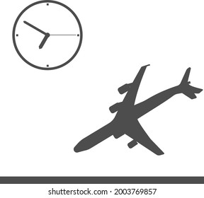 Vector image of an airplane landing by the clock. Flight delay. The image is isolated on a white background.