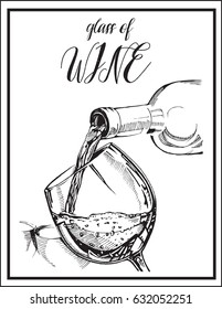 Vector image of alcohol drink .Wineglass and Wine bottle.