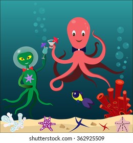 Vector image of an alien and octopus, drinking cocktails under the water