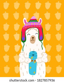 vector image of an alpaca drinking coffee in a hat