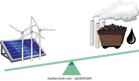 Vector image  of alternative energies and fossil fuels on a balance scale - solar panel, wind power, coal, chimneys and oil. 