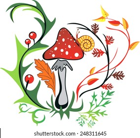 Vector image with amanita with snail surrounded by colorful leaves