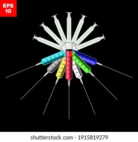 vector image with amazing medical syringes with vaccine inside,isolated on white background