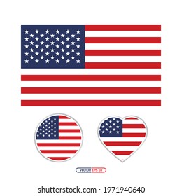 vector image of American flag and badges. USA colored flag flat vector.