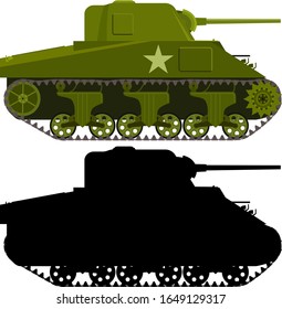 Vector image of an American medium tank M4 Sherman and his silhouette. No errors or gaps. Ready to use.