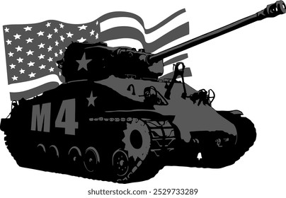 Vector Imagen de un tanque Sherman estadounidense con bandera de Estados Unidos. Fuerzas armadas, mundo de tanques	
