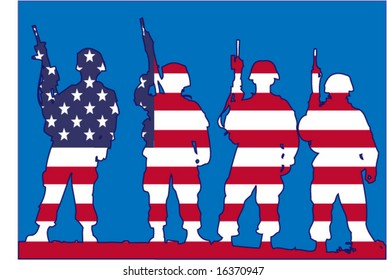 Vector image of American soldiers and flag