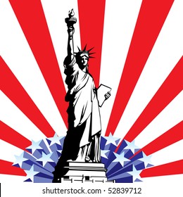 vector image of American symbols of freedom. Statue of Liberty on the background of a stylized flag United States