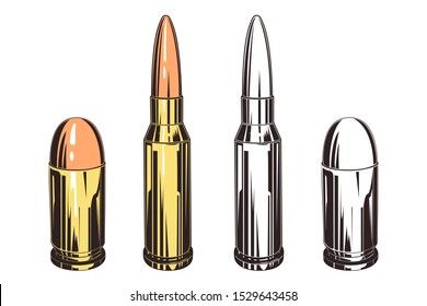 Vector image of ammunition. Cartridges for rifles and pistols. In color and black and white.