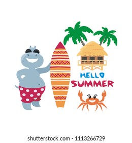 The vector image of the amusing hippopotamuses having a rest on the beach. A children's illustration in cartoon style isolated on a white background.