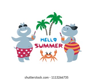 The vector image of the amusing hippopotamuses having a rest on the beach. A children's illustration in cartoon style isolated on a white background.