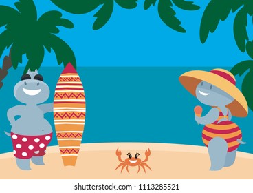 The vector image of the amusing hippopotamuses having a rest on the beach. A children's background in cartoon style.