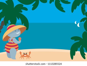 The vector image of the amusing hippopotamuses having a rest on the beach. A children's background in cartoon style.