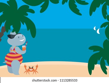The vector image of the amusing hippopotamuses having a rest on the beach. A children's background in cartoon style.