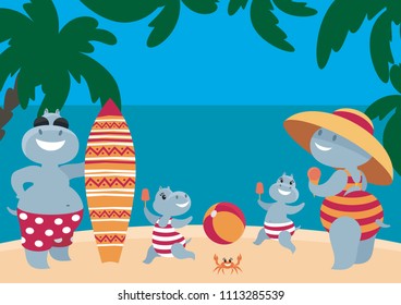 The vector image of the amusing hippopotamuses having a rest on the beach. A children's background in cartoon style.