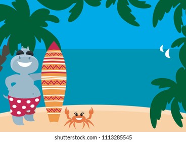 The vector image of the amusing hippopotamuses having a rest on the beach. A children's background in cartoon style.
