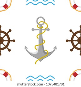 Vector image of the anchor, lifebuoy, helm and waves. Seamless pattern. Summer sea illustration.