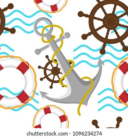Vector image of the anchor, lifebuoy, helm and waves. Seamless pattern. Summer sea illustration.