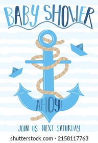 Vector image of an anchor and paper boat with the inscription Baby Shower on a striped blue background. Illustration on the sea theme for a boy sailor. Invitation card template for a holiday, birthday