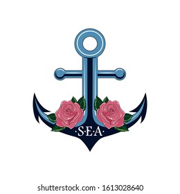 Vector image of an anchor with pink roses.