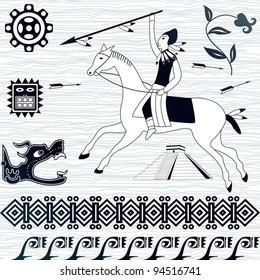 Vector image of ancient american patterns and horseman