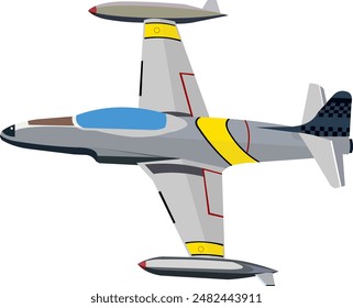 Imagen de Vector. un avión de combate antiguo de color gris con franjas amarillas mientras maniobraba