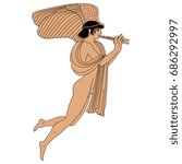 Vector image of ancient Greek god of love Eros. Red-figure pottery style. Winged mythological male character playing the double flute. Black and terracotta on white background.