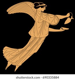 Vector image of ancient Greek goddess of victory Nike. Red-figure pottery style. Flying winged mythological character with vessel. On black background.