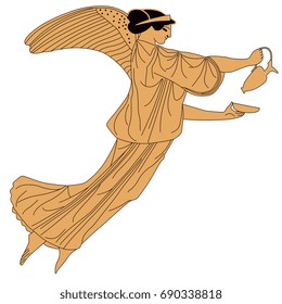 Vector image of ancient Greek goddess of victory Nike. Red-figure pottery style. Flying winged mythological character with vessel. On white background.