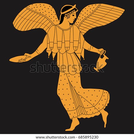 Vector image of ancient Greek goddess of victory Nike. Red-figure pottery style. Winged mythological female character with two vessels. On dark background.