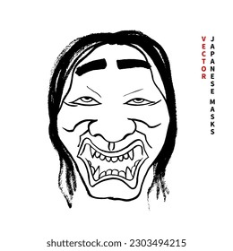 Vector image of an ancient Japanese mask. Theater Noh. Demon woman. Hand drawing, ink, brush, doodle, sketch, black on white, graphics, calligraphy, minimalism, tradition. Eps10