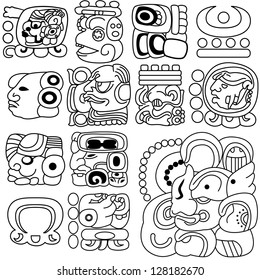 Vector image of ancient Mayan hieroglyphs on white