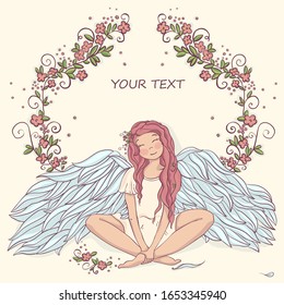 Vector image of an angel girl with wings who sits in a flower arch.
Postcard
