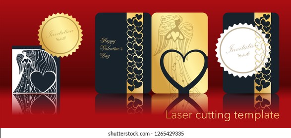 Vector image of an angel and heart for laser cutting from paper. A set of openwork greeting card, invitation, envelope, cover for a contour cut out of cardboard. Through ornament for Valentine's Day